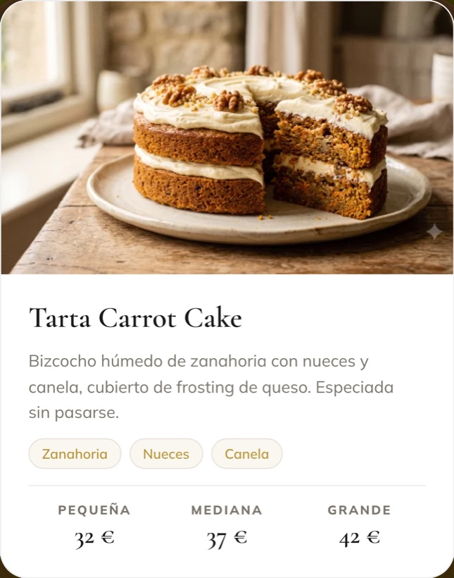 Tarta Carrot Cake. Bizcocho húmedo de zanahoria con nueces y canela, cubierto de frosting de queso. Pequeña 32 €, mediana 37 €, grande 42 €.