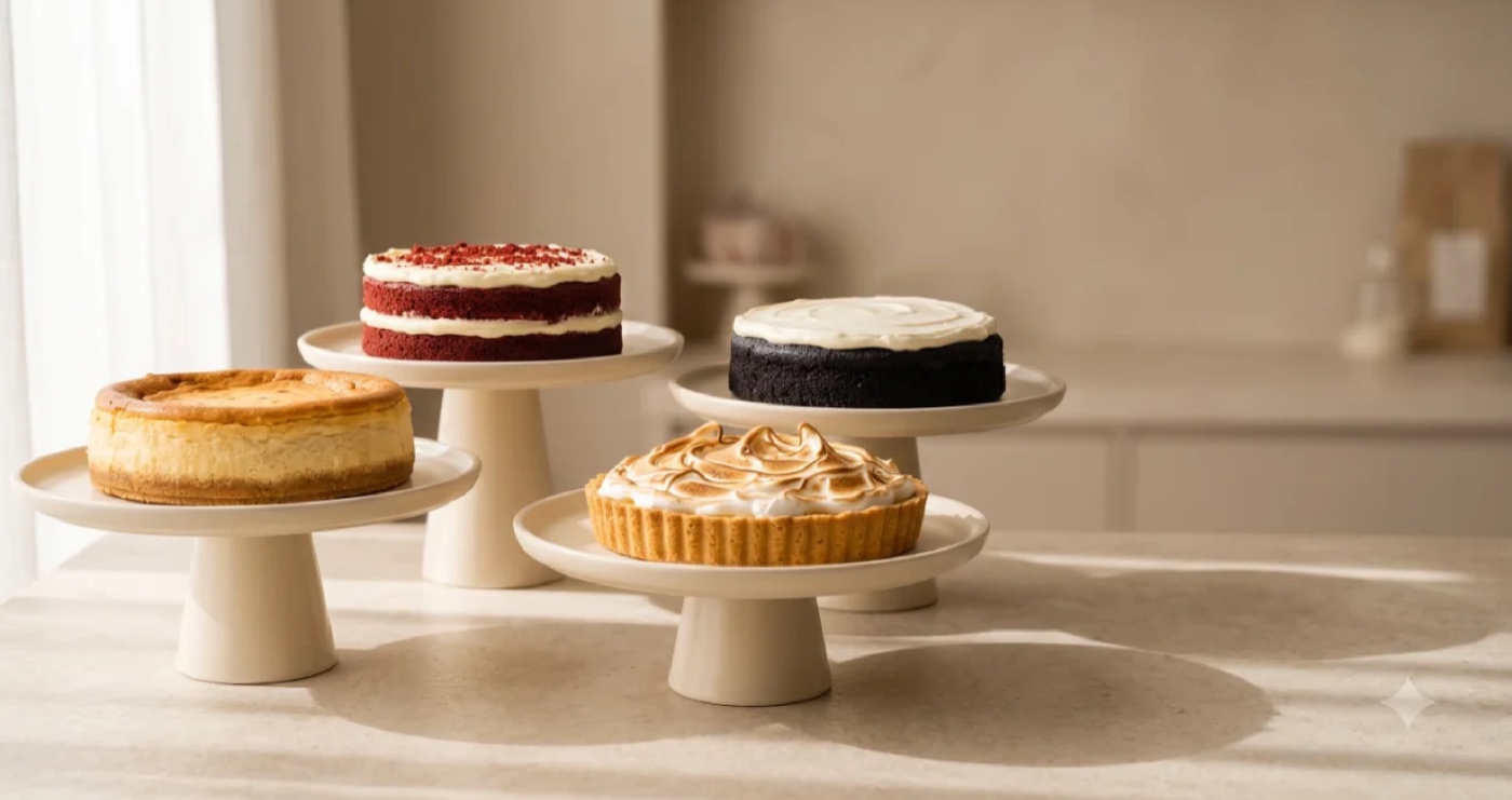 Varias tartas de Dolce Amorino sobre soportes de cerámica en el obrador
