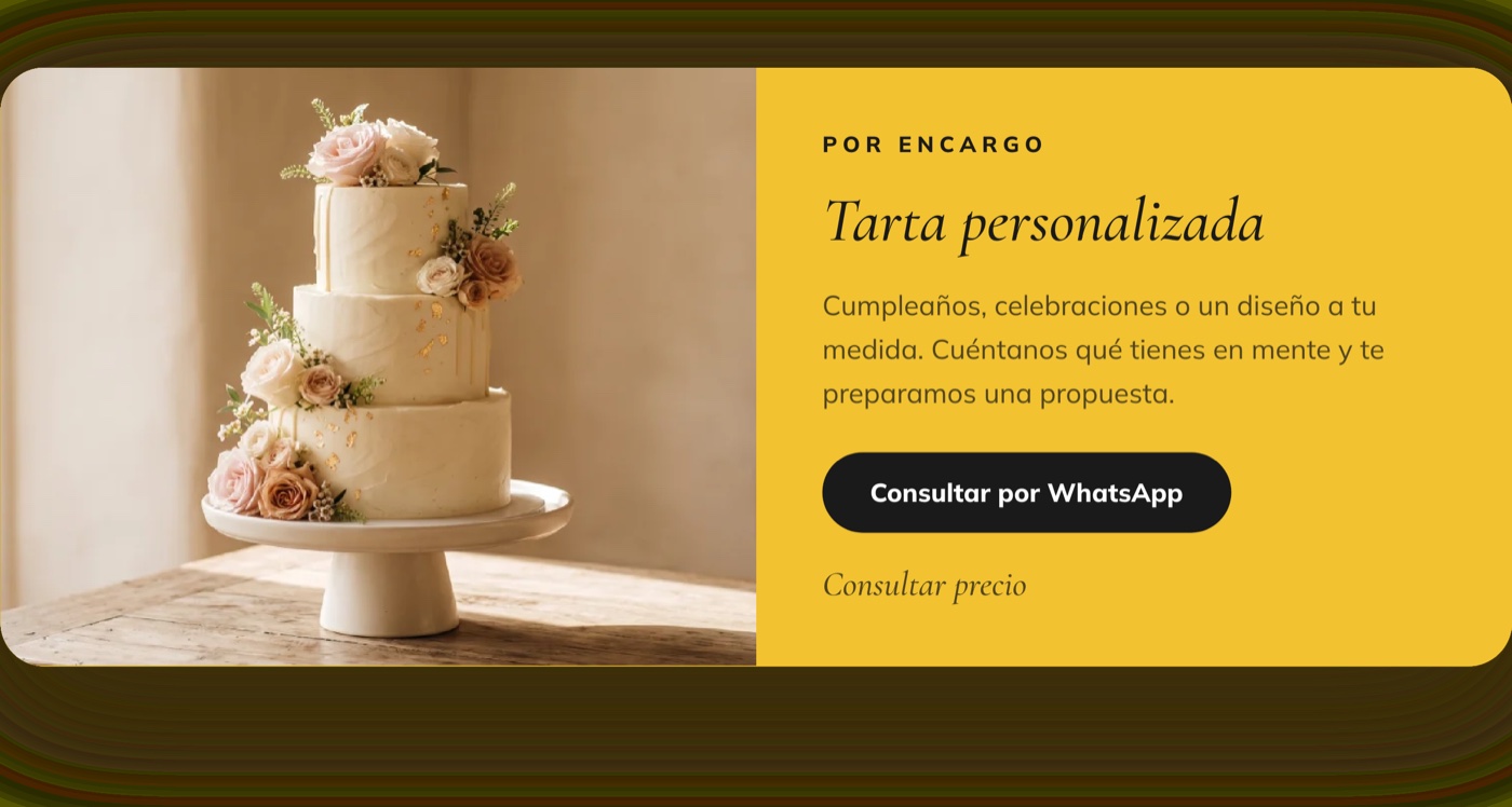 Tarta personalizada por encargo: cumpleaños, celebraciones o un diseño a tu medida. Consultar precio por WhatsApp.